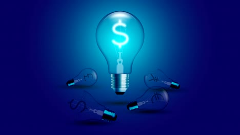 Alphabet-Incandescent-light-bulb-beating-moving-switch-on-set-Currency-USD-(United-States-Dollars)-symbol-concept-glow-in-blue-gradient-background-seamless-looping-animation-4K,-with-copy-space