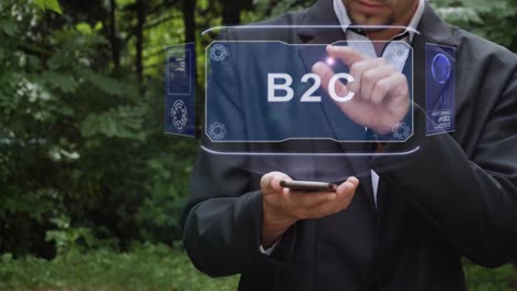 Businessman-uses-hologram-with-text-B2C