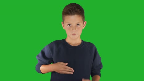 Deaf-boy-signing-I-know-sign-language,-communication-for-hearing-impaired.-Green-screen