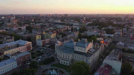 Aerial-view-on-Odessa-opera-and-ballet-theater-during-winter-time-at-sunset