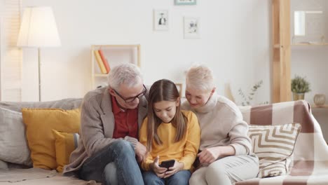 Joven-chica-caucásica-tomando-selfie-con-los-abuelos-en-Couch