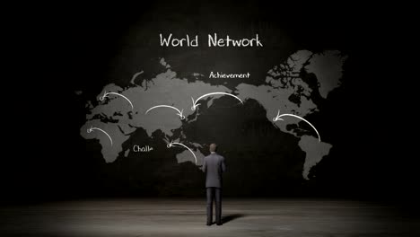 Businessman-standing-world-map,-Handwriting-'World-network',-using-communication-technology