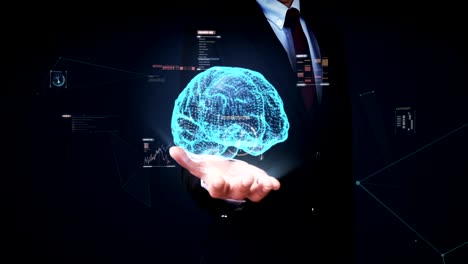 Businessman-open-palm,-digital-brain,-Dots-connected-Brain-shape,-digital-lines-in-digital-display-interface,-grow-future-artificial-intelligence.