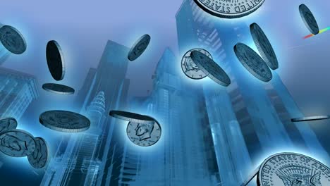 Blue-3D-city-wireframe-background-with-money-falling-infront