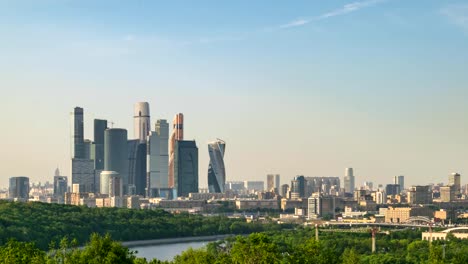 Moscow-city-skyline-timelapse-at-Business-Center-District-view-from-Sparrow-Hill,-Moscow-Russia-4K-Time-Lapse