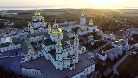 Aerial-view-of-Holy-Dormition-Pochayiv-Lavra,-an-Orthodox-monastery-in-Ternopil-Oblast-of-Ukraine.-Eastern-Europe