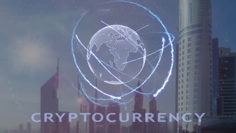 Cryptocurrency-texto-con-holograma-3d-de-la-tierra-contra-el-telón-de-fondo-de-la-metrópolis-moderna