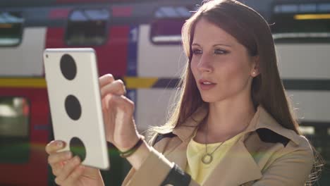 Young-attractive-Caucasian-woman-using-tablet-computer-at-train-station