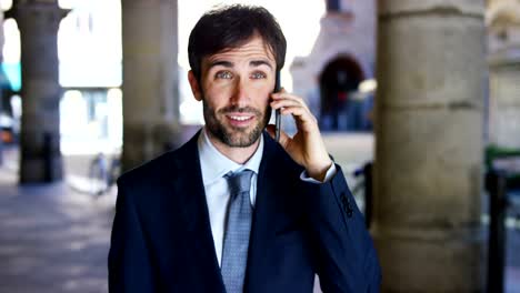 Un-hombre-de-negocios-contestar-el-teléfono,-enviar-mensajes-y-sonrisas-para-las-hermosas-noticias-de-trabajo-y-en-el-fondo-se-ve-a-un-pueblo.