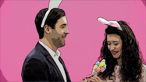 Young-sexy-couple-on-pink-background.-With-hackneyed-ears-on-the-head.-During-this,-rabbit-jumps-recreate-the-movements-and-looks,-after-a-while-go-out-of-the-frame.-Gently-kissed.-Exciting.