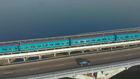 Subway-train-ride-over-bridge-crossing-river