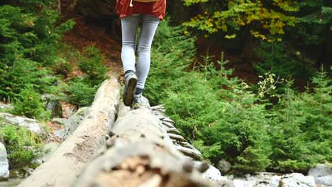 Schlankes-Mädchen,-die-einen-Baumstamm-durch-einen-Gebirgsfluss-im-Wald-ziehen