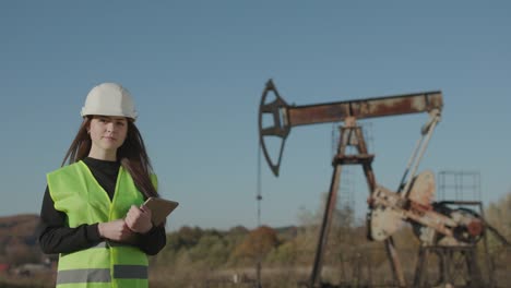 La-ingeniera-industrial-femenina-en-un-sombrero-duro-utiliza-la-tableta.-Retrato-de-la-ingeniera-profesional-que-usa-uniforme-de-seguridad-y-sombrero-duro.