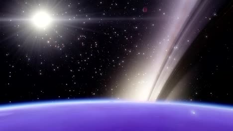 Timelapse-orbit-view-of-a-rocky-exoplanet-with-rings-and-a-galaxy-in-the-background