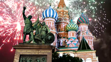 Cathedral-of-Intercession-of-Most-Holy-Theotokos-on-the-Moat-(-Temple-of-Basil-the-Blessed)-and-fireworks,--Red-Square,-Moscow,-Russia