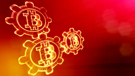 Signo-de-bitcoin-y-engranajes.-Fondo-financiero-hecho-de-partículas-de-brillo-como-holograma-vitrtual.-Animación-loop-3D-brillante-con-la-profundidad-de-campo,-bokeh-y-copia.-V2-color-rojo