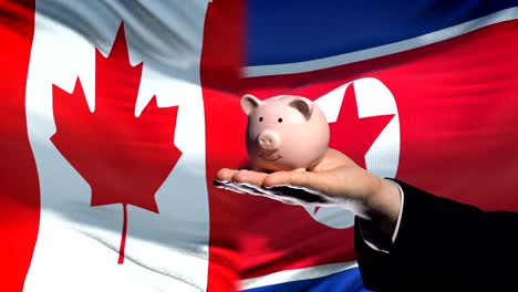 Kanada-Investitionen-in-Nordkorea-Hand,-Geld-im-Sparschwein-Flagge-Hintergrund