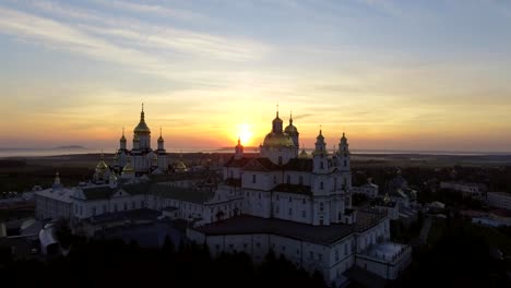 Aerial-view-of-Holy-Dormition-Pochayiv-Lavra,-an-Orthodox-monastery-in-Ternopil-Oblast-of-Ukraine.-Eastern-Europe