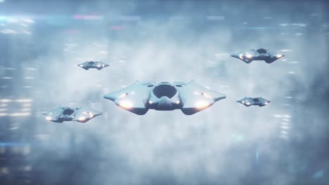 Escena-3d-futurista,-el-vuelo-del-avión-en-la-ciudad-de-la-tecnología-en-la-niebla