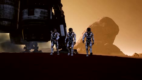 Astronauts-walk-on-the-surface-of-Mars-after-landing-in-a-rocket.-Panoramic-landscape-on-the-surface-of-Mars.-Realistic-cinematic-animation.