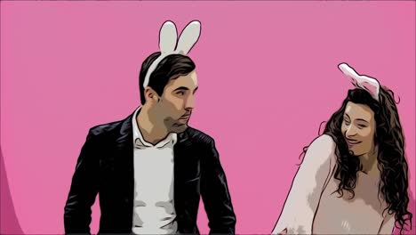 Young-beautiful-couple-standing-on-a-pink-background.-During-this,-they-are-dressed-in-rabble-ears.-Looking-gently-at-each-other,-in-love.-Easter-concept.-Animations.