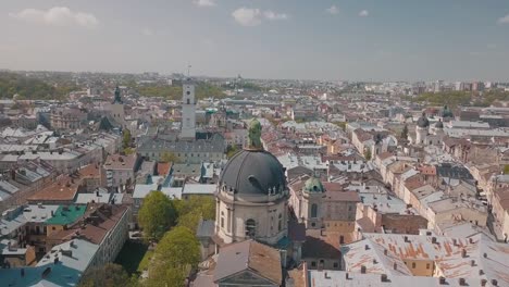 Aerial-City-Lviv,-Ukraine.-European-City.-Popular-areas-of-the-city.-Dominican