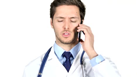 Young-Doctor-Talking-on-Smartphone,-White-Background