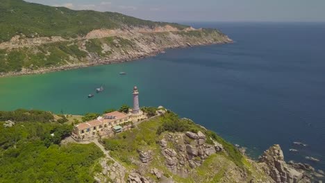 Light-house-on-edge-on-cliff-with-beautiful-sea-landscape-aerial-view.-Drone-view-sea-lighthouse-on-mountain-and-blue-water-on-skyline-landscape