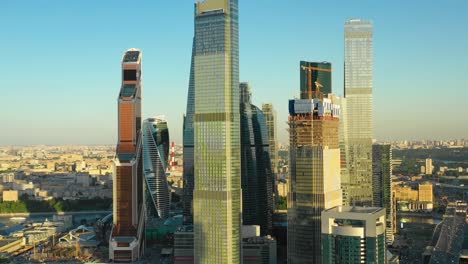 Aerial-view-of-Moscow-city-skyscrapers-at-sunset