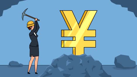 Flat-cartoon-businesswoman-miner-character-working-with-pickaxe-business-yen-concept-animation