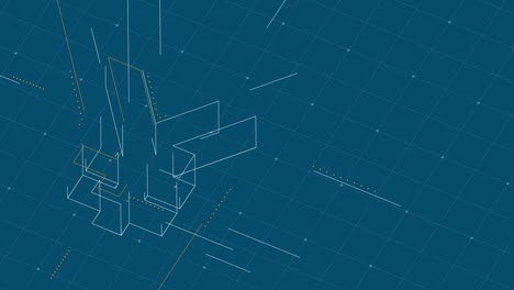 Moneda-JPY-(Yen-japonés)-símbolo-isométrico-punto-y-línea-de-guión-marco-estructura-estructura-wireframe,-dinero-digital-criptomoneda-concepto-en-azul-de-animación-de-fondo-4K