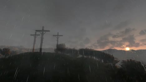 Jesus-on-cross,-timelapse-sunrise,-raining,-paning