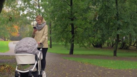 Mujer-que-usa-móvil-al-caminar-con-el-bebé-en-el-parque-de-otoño