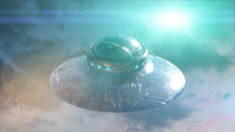 ufo-flying-saucer-on-dark-background.-3d-render