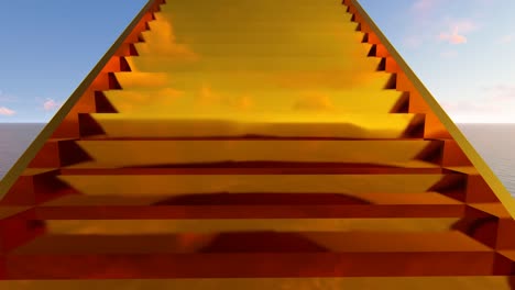 Endless-golden-staircase-3d-looped-animation.-Abstract-stairway-to-heaven-concept.-Surreal-pathway-with-realistic-sea-and-white-clouds-background-video.-Yellow-metal-steps-seamless-footage