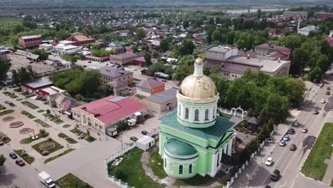 View-from-drone-of-Ozyory-cityscape-with-golden-dome-of-Holy-Trinity-Church