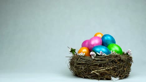 The-symbol-of-Easter-dyed-and-painted-colored-eggs-are-in-the-nest,-feathers-fall-down,-concept-of-Christian-holiday-Pascha-or-Resurrection-Sunday