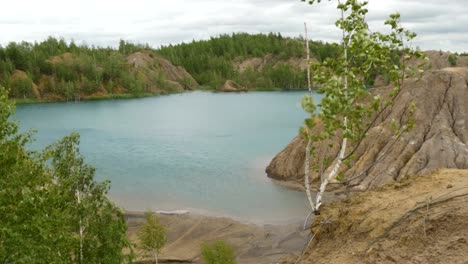 El-árbol-crece-sobre-el-acantilado-de-un-lago-de-montaña.-Hermoso-paisaje.