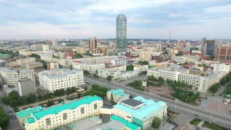 Aerial-Yekaterinburg-city-center-skyline-and-Iset-river.-Ekaterinburg-is-the-fourth-largest-city-in-Russia-and-the-centre-of-Sverdlovsk-Oblast.-Aerial-view-to-the-central-part-of-Yekaterinburg,-view-from-the-sky