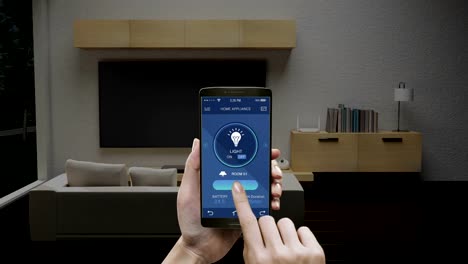 Touching-IoT-smart-phone,-mobile-application,-light-bulb-energy-saving-efficiency-control-in-Living-room,-Smart-home-appliances,--internet-of-things.-4k-movie.