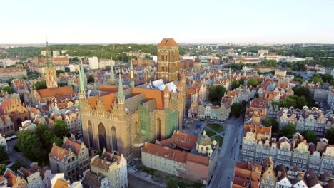 Aerial-Gdansk-Old-Town-Skyline-With-Basilica-City-Hall-And-Town-Houses