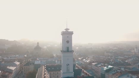 LVOV,-UKRAINE.-Panorama-of-the-ancient-city.-The-roofs-of-old-buildings.-Ukraine-Lviv-City-Council,-Town-Hall.-Sunrise.-Streets-aerial-view