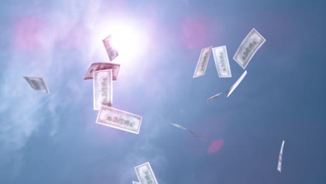 SLOW-MOTION-CLOSE-UP:-Money-hundred-$-dollar-bills-falling-down-from-blue-skies