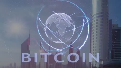 Bitcoin-Text-mit-3d-Hologramm-des-Planeten-Erde-vor-dem-Hintergrund-der-modernen-Metropole