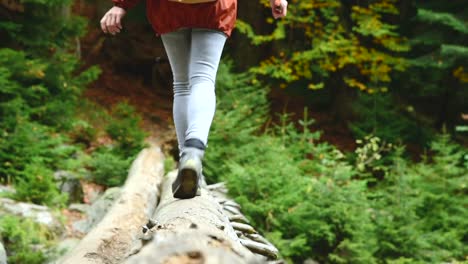 Schlankes-Mädchen,-die-einen-Baumstamm-durch-einen-Gebirgsfluss-im-Wald-ziehen