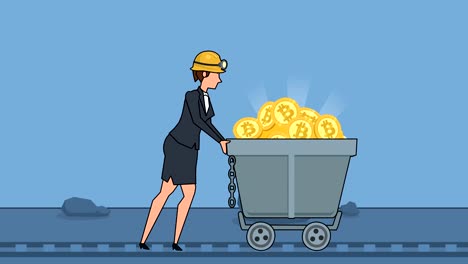 Flat-cartoon-businesswoman-character-pushing-miners-wagon-barrow-with-gold-bitcoin-coins-business-concept-animation