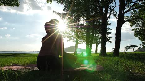 Asiatische-Frauen,-die-Yoga-praktizieren,-entspannen-in-der-Natur-im-Abendsonnenschein,-Lotus-posieren-auf-Meditationssitzung.-Fitness-und-gesundes-Lifestyle-Konzept.-zeitlupe