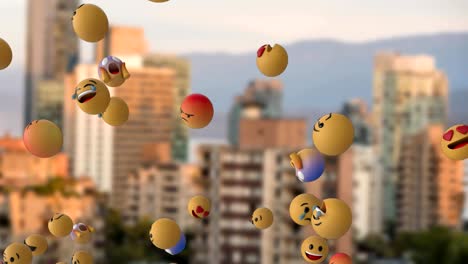 Iconos-Emoji-volando-sobre-el-paisaje-urbano-4k