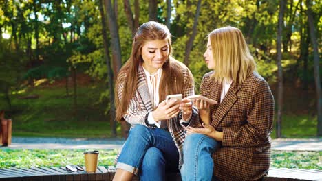 Successful-fashion-bloggers-with-smartphones-in-sunny-park