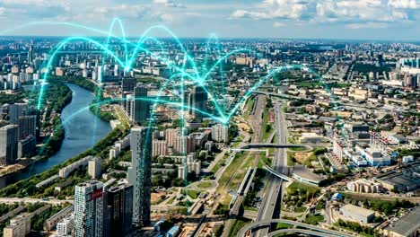 Aerial-city-connected-through-5G.-Wireless-network,-mobile-technology-concept,-data-communication,-cloud-computer,-artificial-intelligence,-internet-of-things.-Time-lapse-Moskau